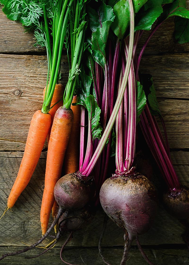 Bunch of organic freshly harvested beetroot and carrot with soil and leaves, top view. Copyspace. Concept of diet, raw, vegetarian meal. Farm, rustic and country style