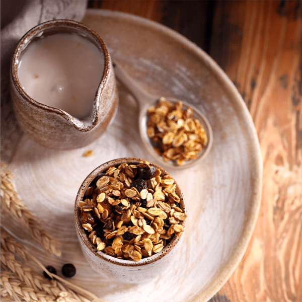 Økologisk hjemmelavet granola i glas på fad med yoghurt